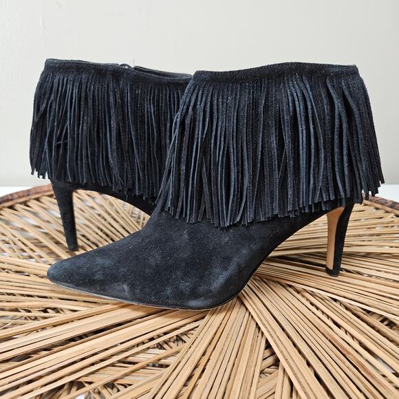 Sam Edelman Kandice Suede Fringe Ankle Bootie Pumps 7.5 Black Boots Heels - Picture 1 of 11